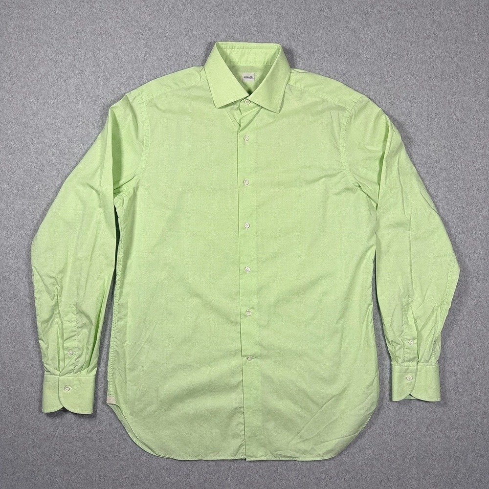 Gherardi Camicie Sartoriali Mens Lime Green Micro Check Cotton Dress Shirt Italy